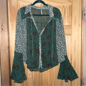 Free People Green Floral Blouse with Flared Sleeves